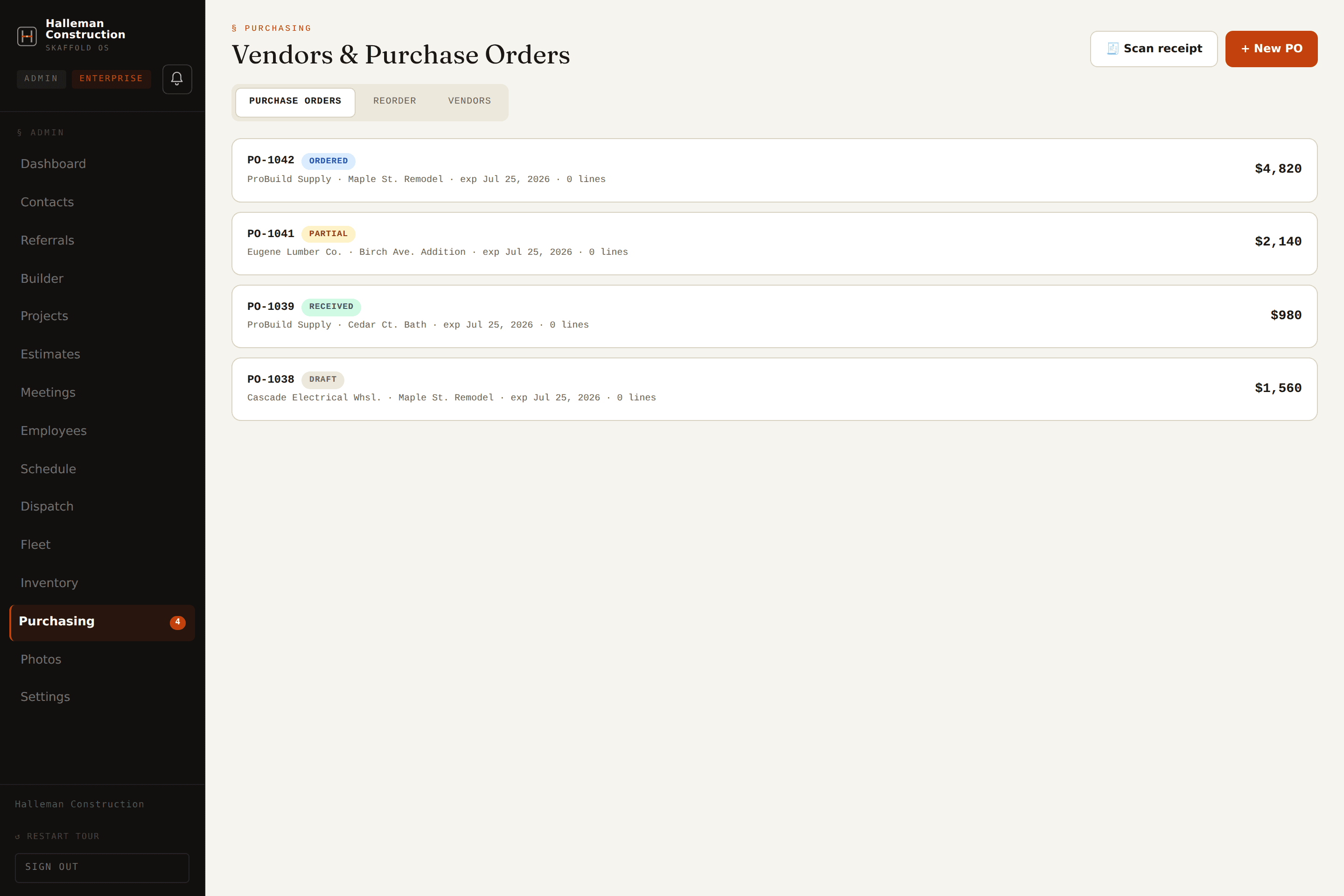 Purchase orders & receipts